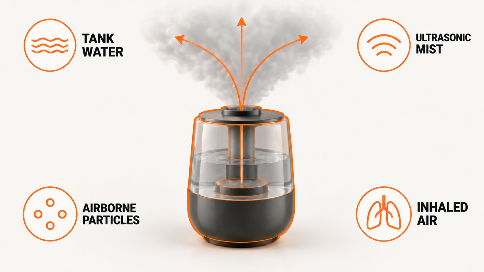 How material from a humidifier tank travels into room air and what federal guidance says about it