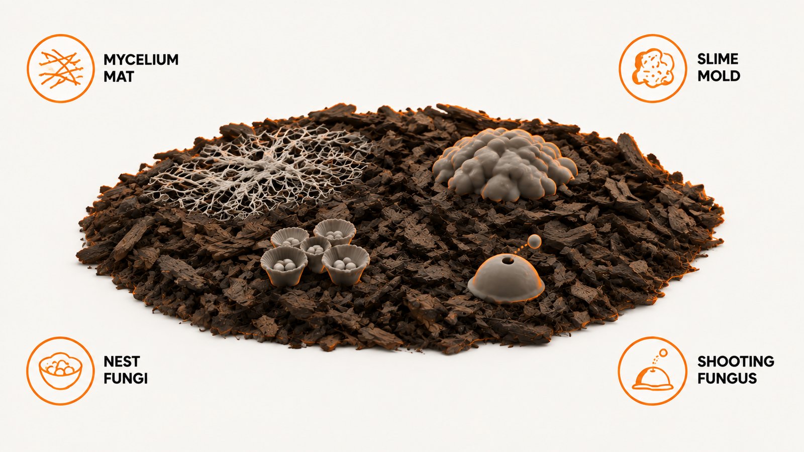 Four organisms commonly reported in garden mulch and how each one behaves