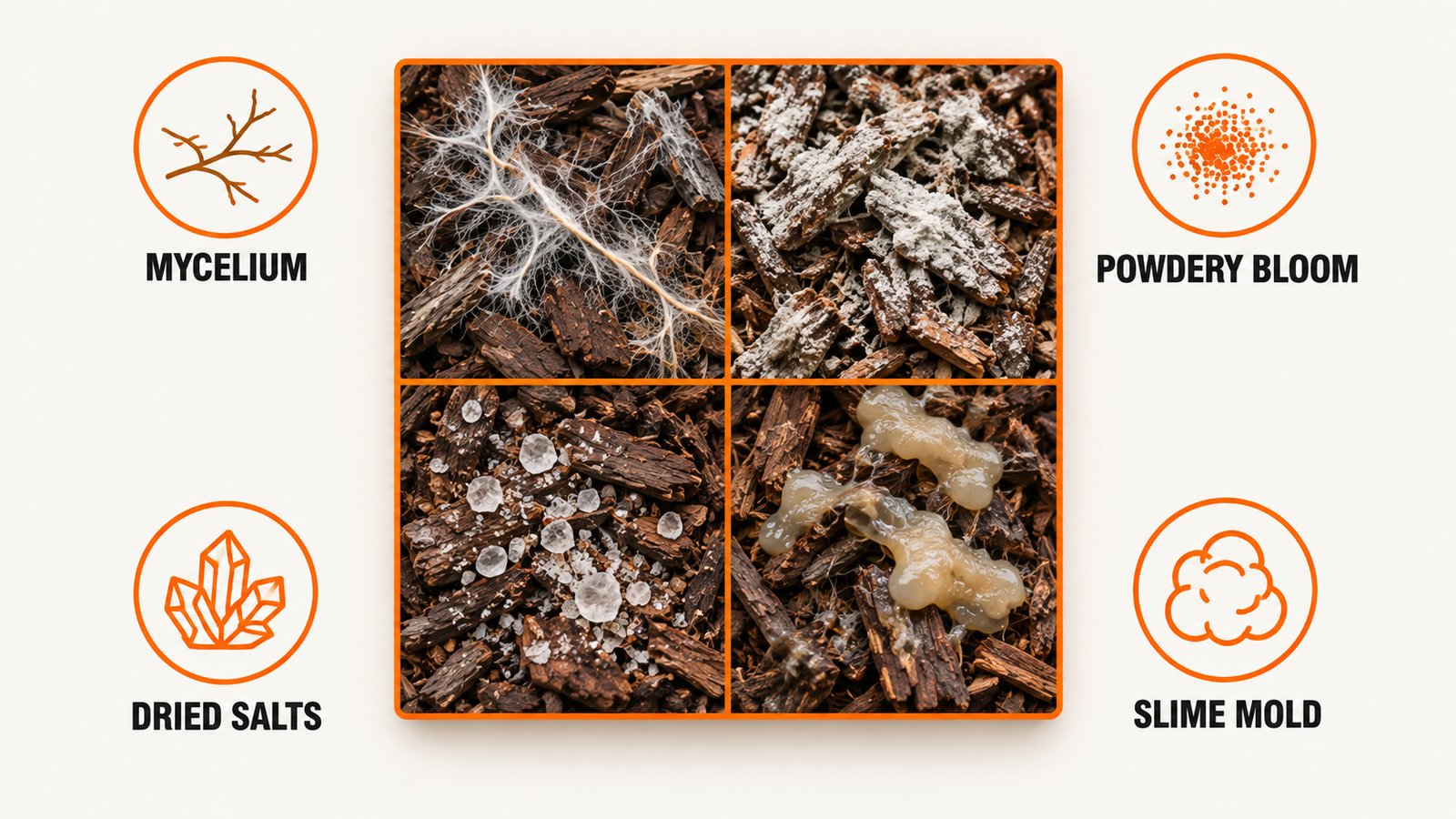 Four white or pale deposits found in mulch and compost and what each one is