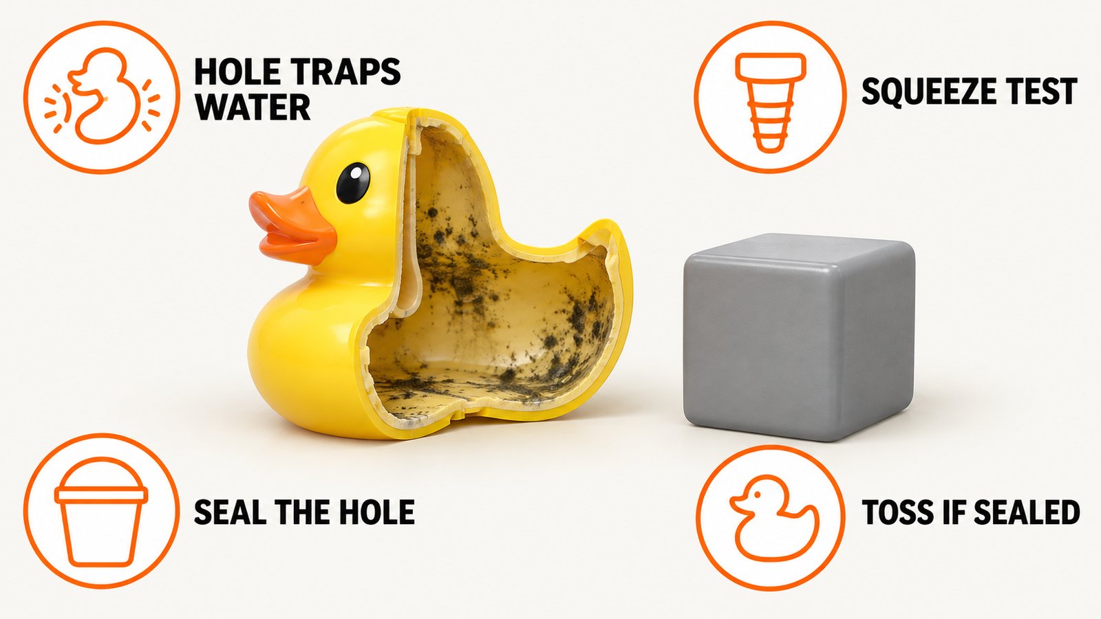 A cut-open rubber duck with dark patches inside next to a plain solid toy