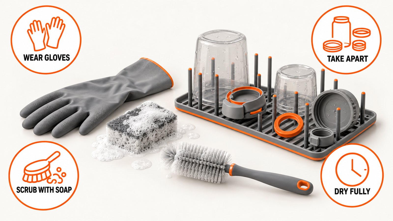 A soapy sponge, a brush, a rubber glove and a dry rack arranged by cleaning step