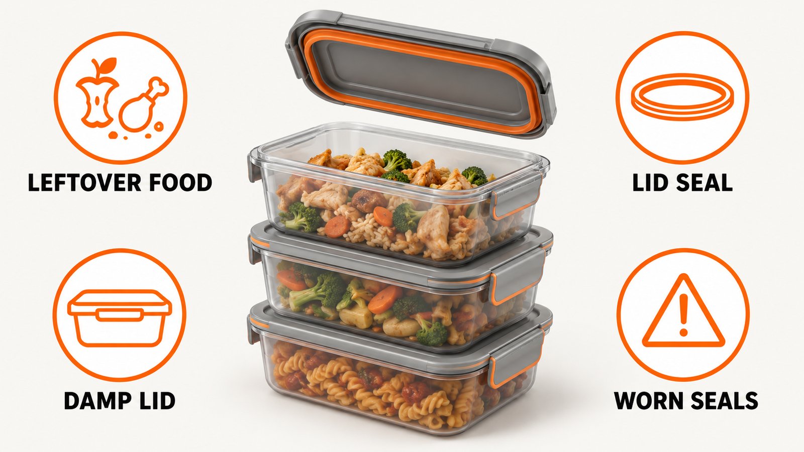 A stack of plastic food containers with one lid lifted to show the rubber seal