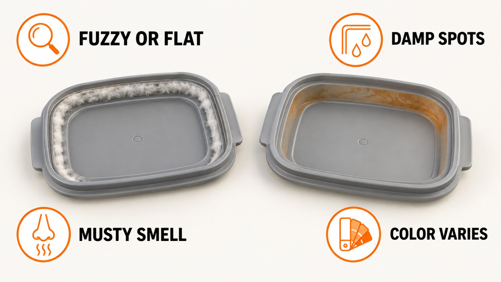 A magnifier over a white fuzzy patch on one plastic lid and a flat orange tint on another