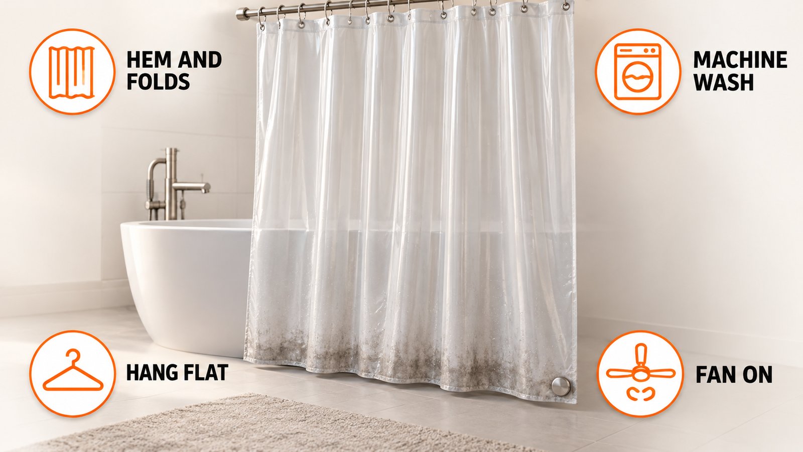 A plastic shower liner with a darkened hem and fold lines hanging beside a tub