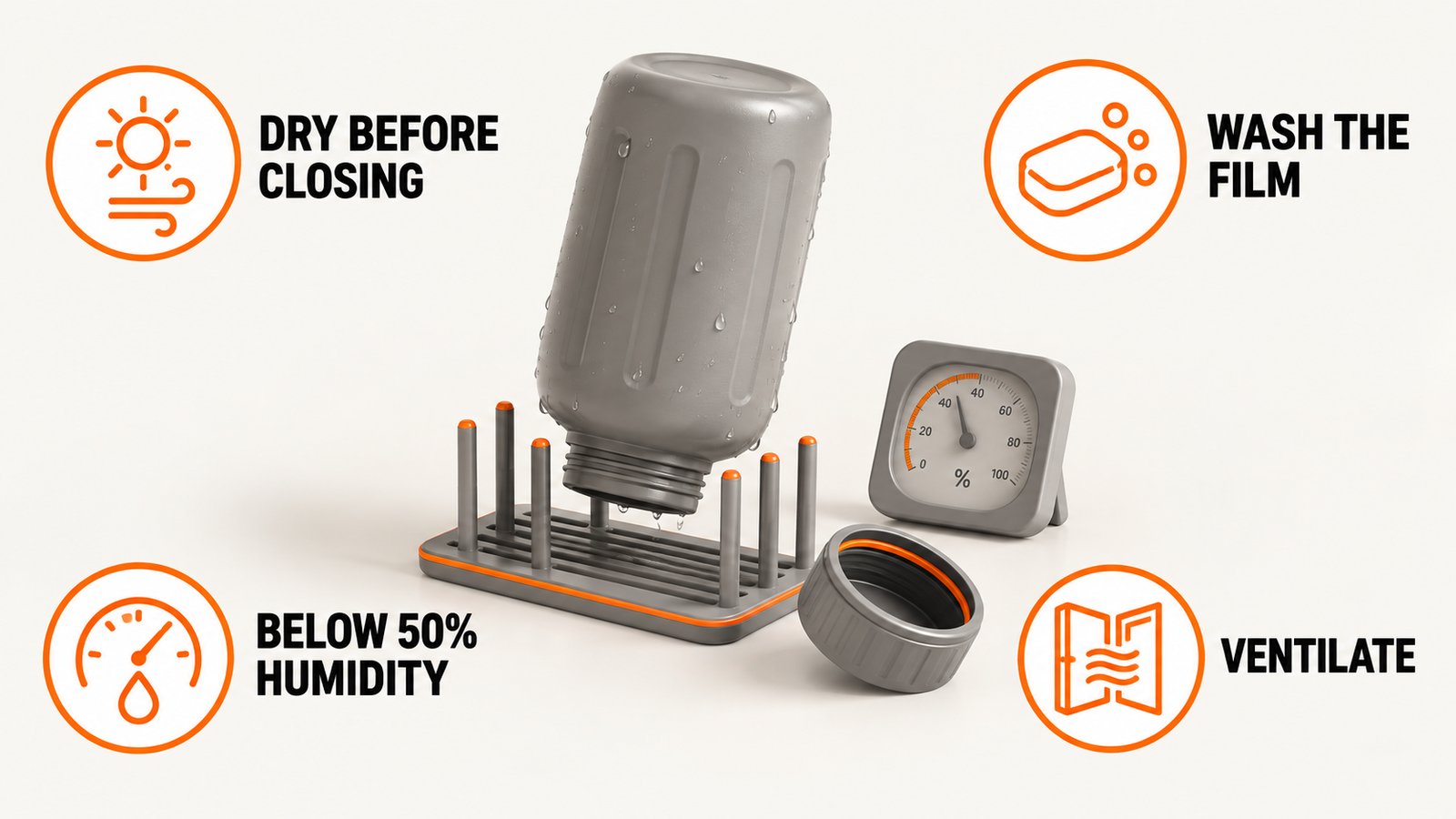 A plastic bottle upside down on a rack beside a humidity meter and an open window