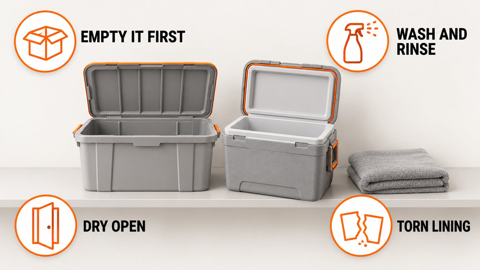 A plastic storage bin and a cooler with open lids on a shelf in a damp room