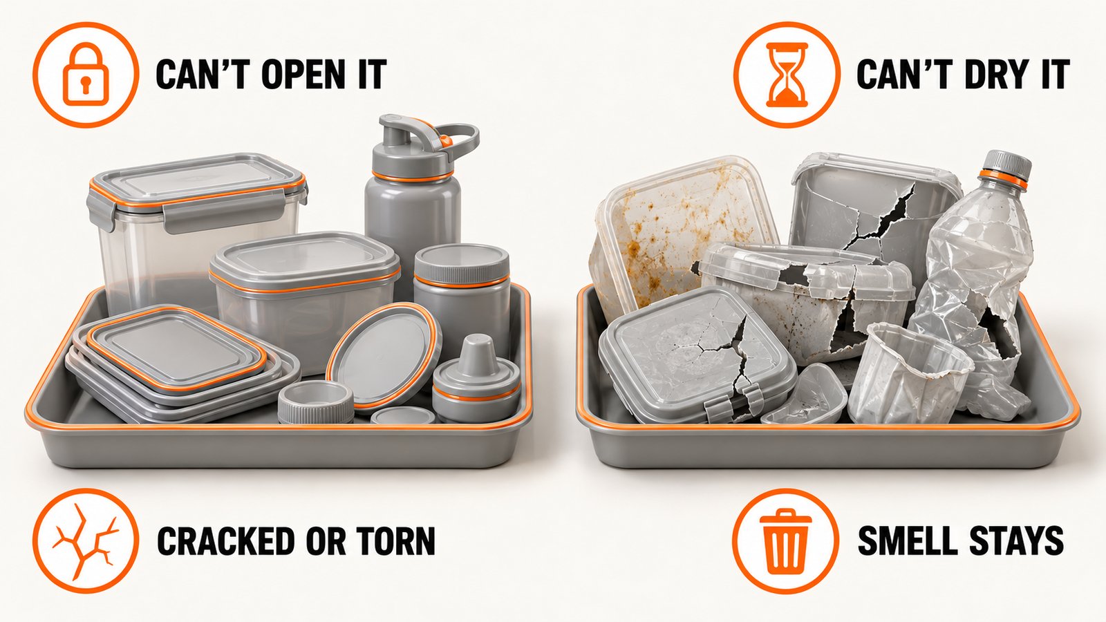 A plastic item split into keep and throw-out groups on two trays