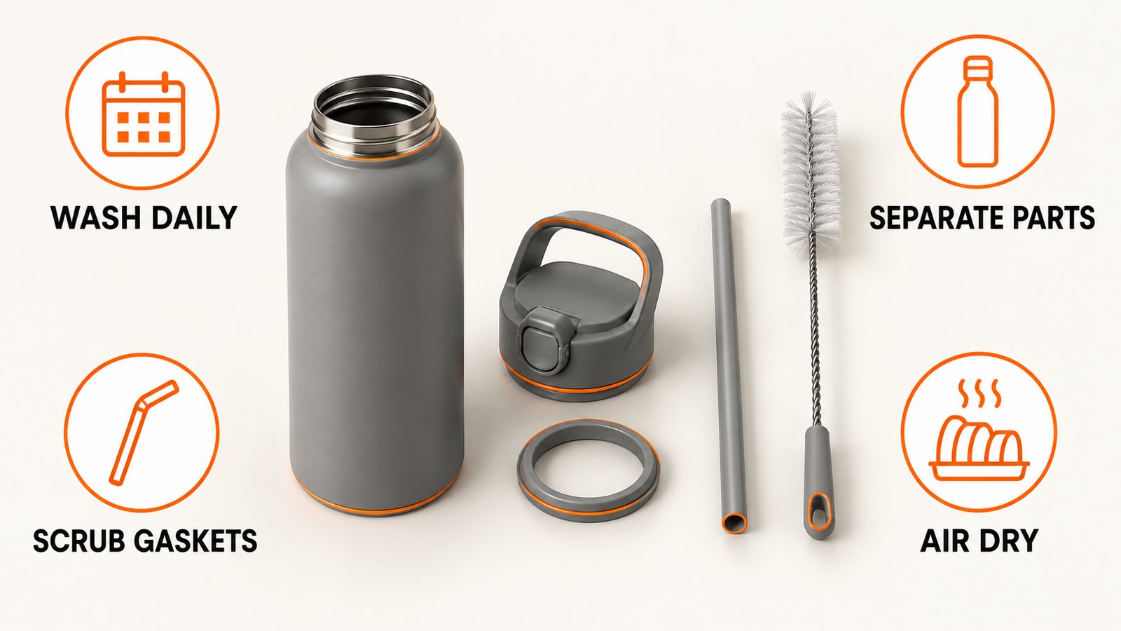 A water bottle taken apart into lid, gasket, straw and body beside a brush