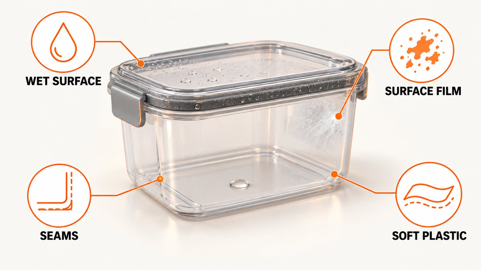 A plastic container with a thin film of residue, a damp seam and a trapped drop of water
