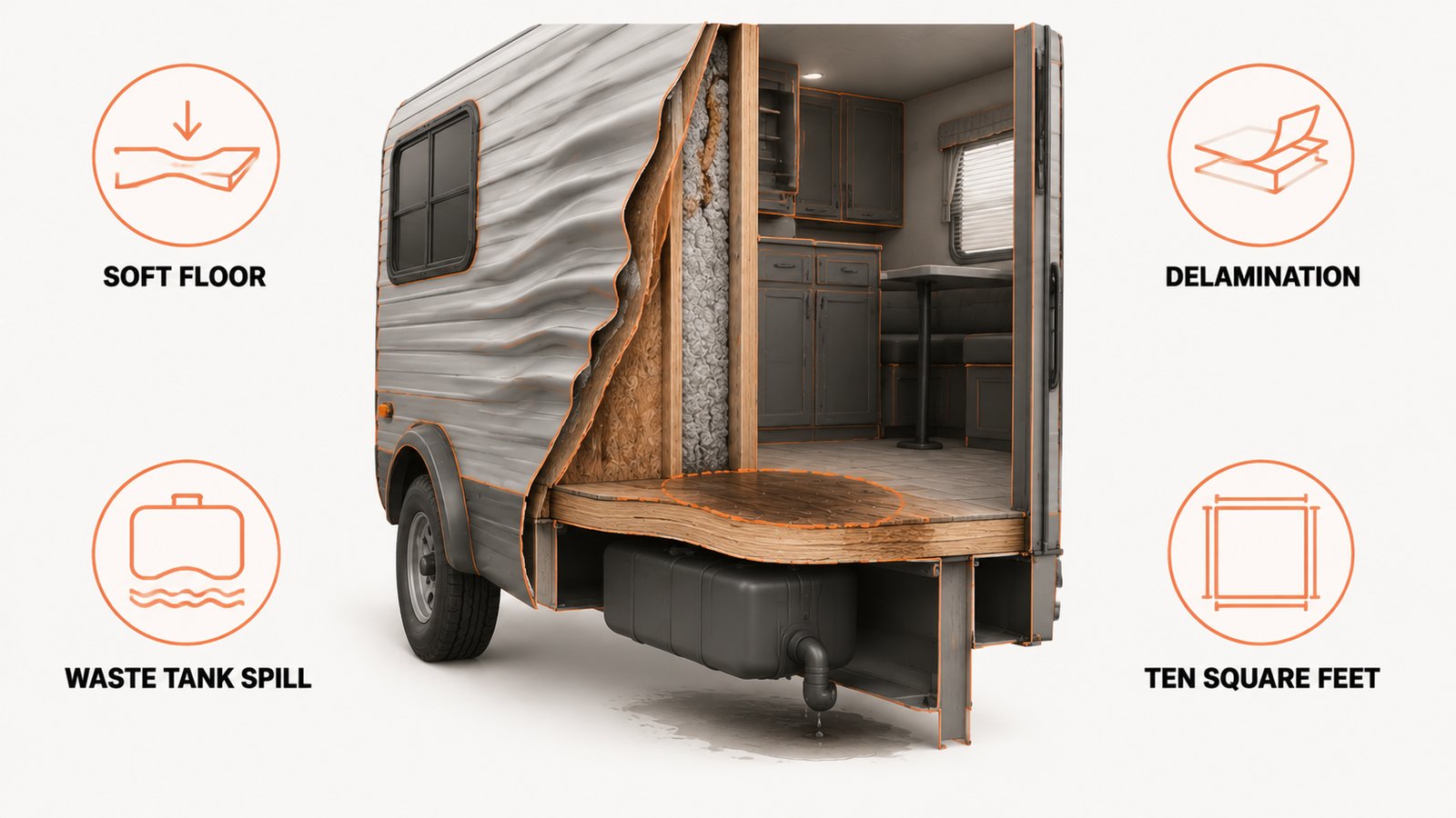 Camper wall section showing delamination and a soft floor area marked for professional repair