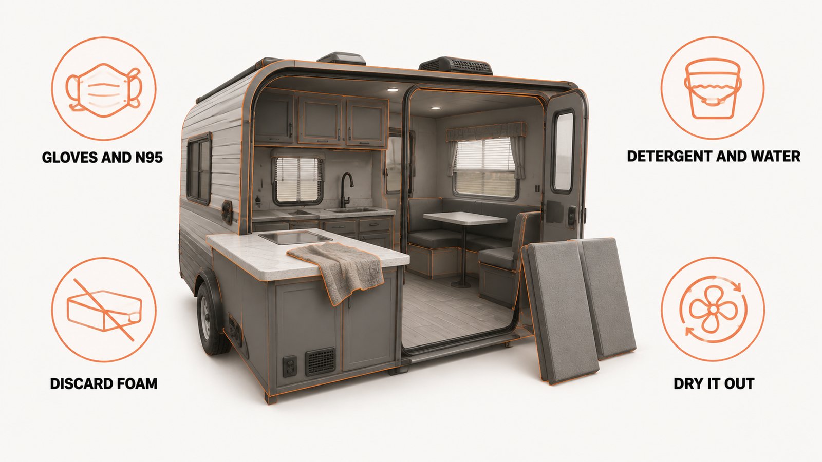 Camper interior with hard surfaces being wiped and cushions set outside to dry