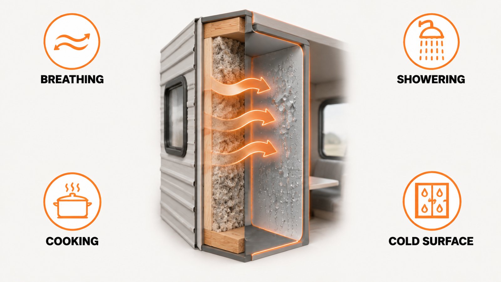 Cross section of a camper wall showing warm humid air meeting a cold interior surface