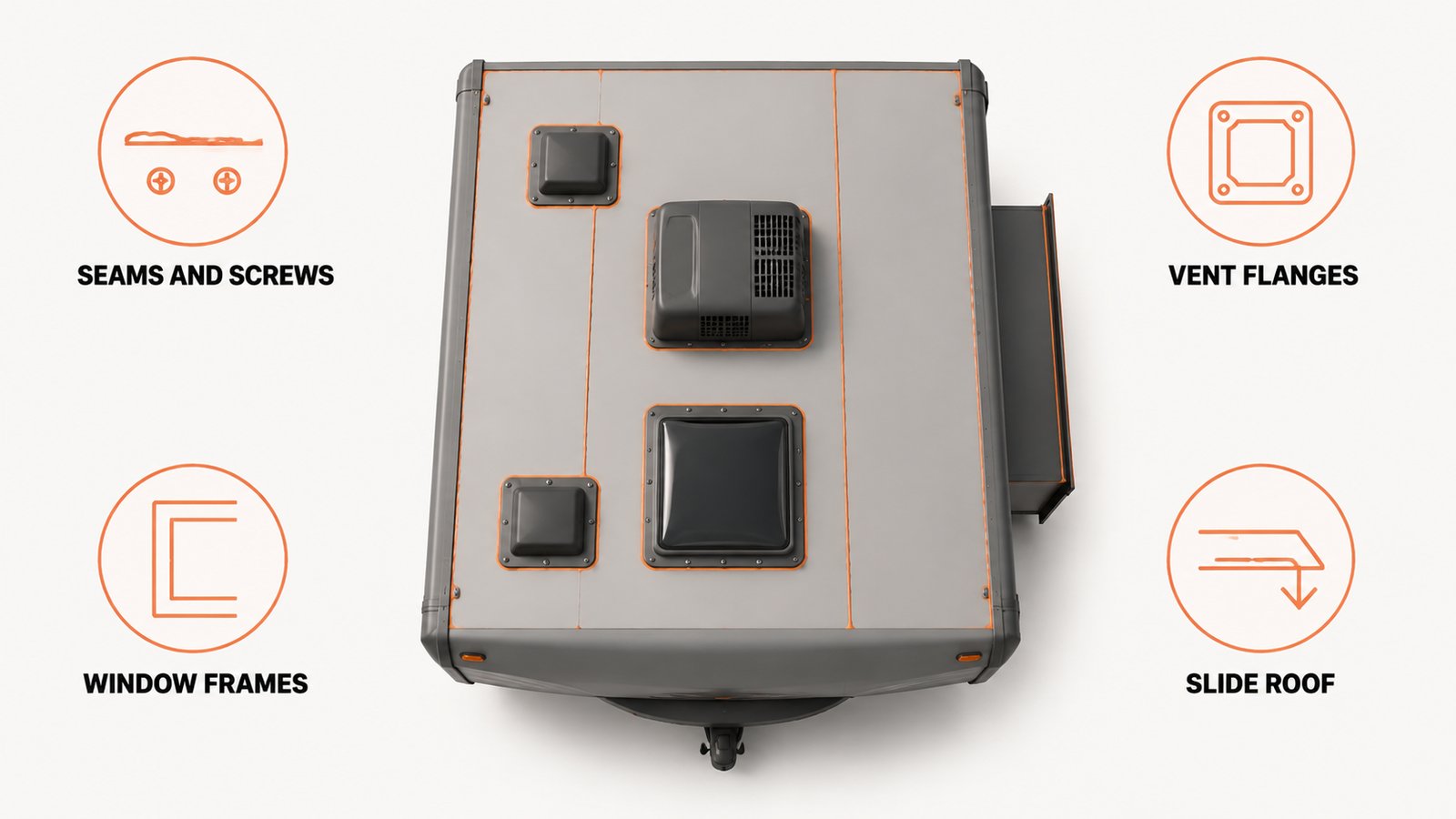 RV roof seen from above with sealant seams, vent flanges and the air conditioner gasket marked