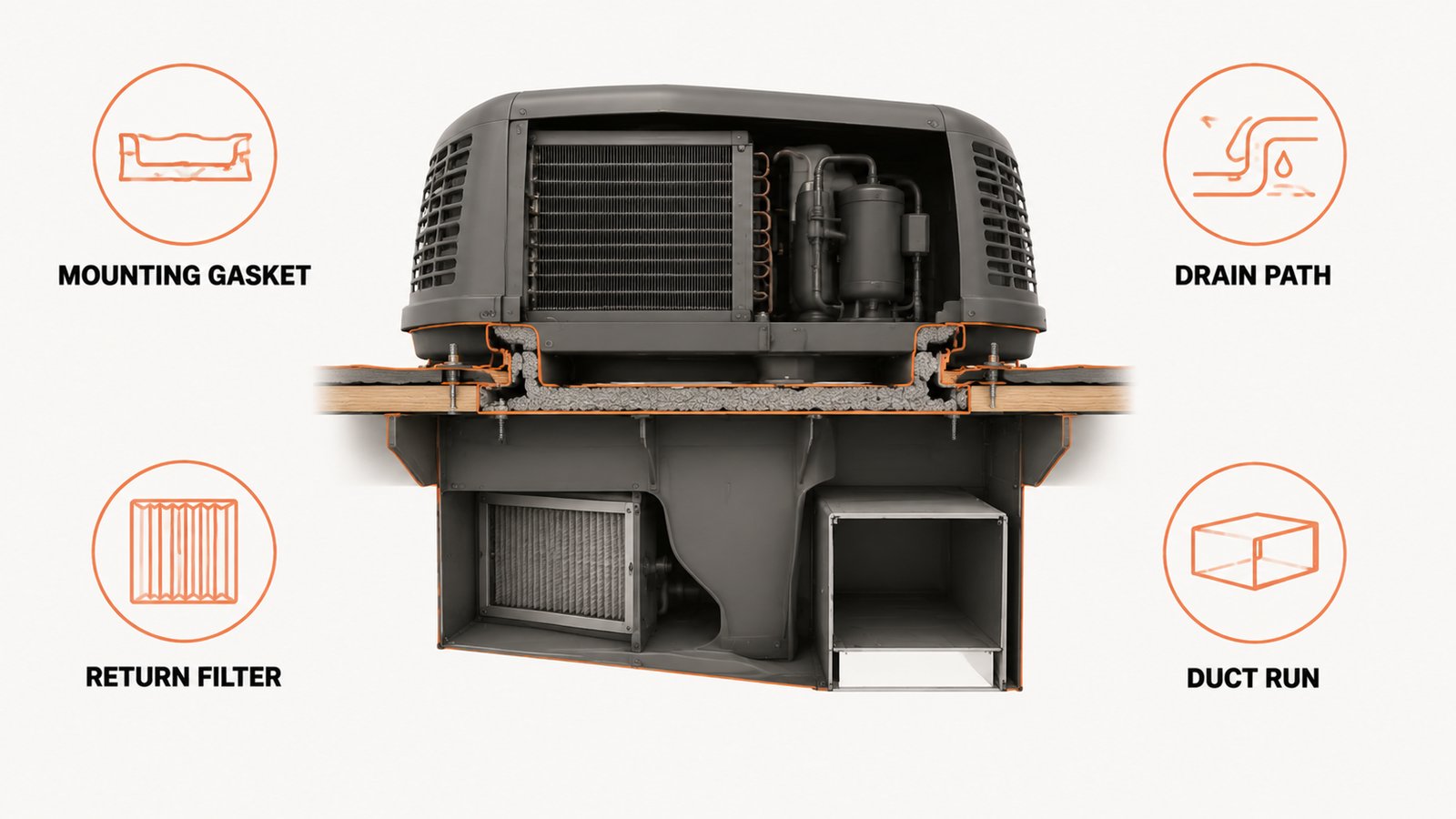 Rooftop RV air conditioner shown with its gasket, drain path and interior return filter