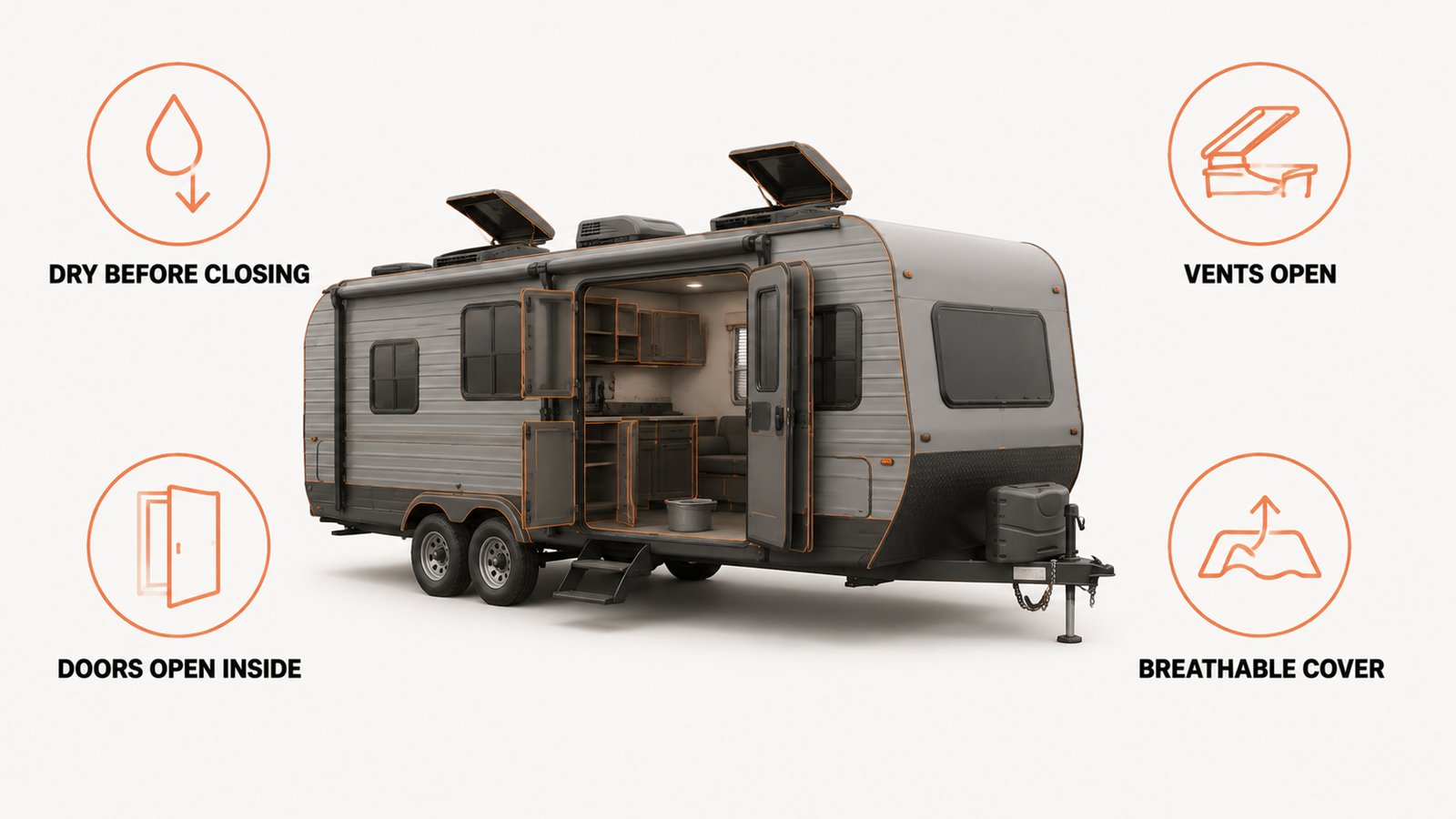Parked camper with vent covers, open cabinet doors and a moisture absorber inside