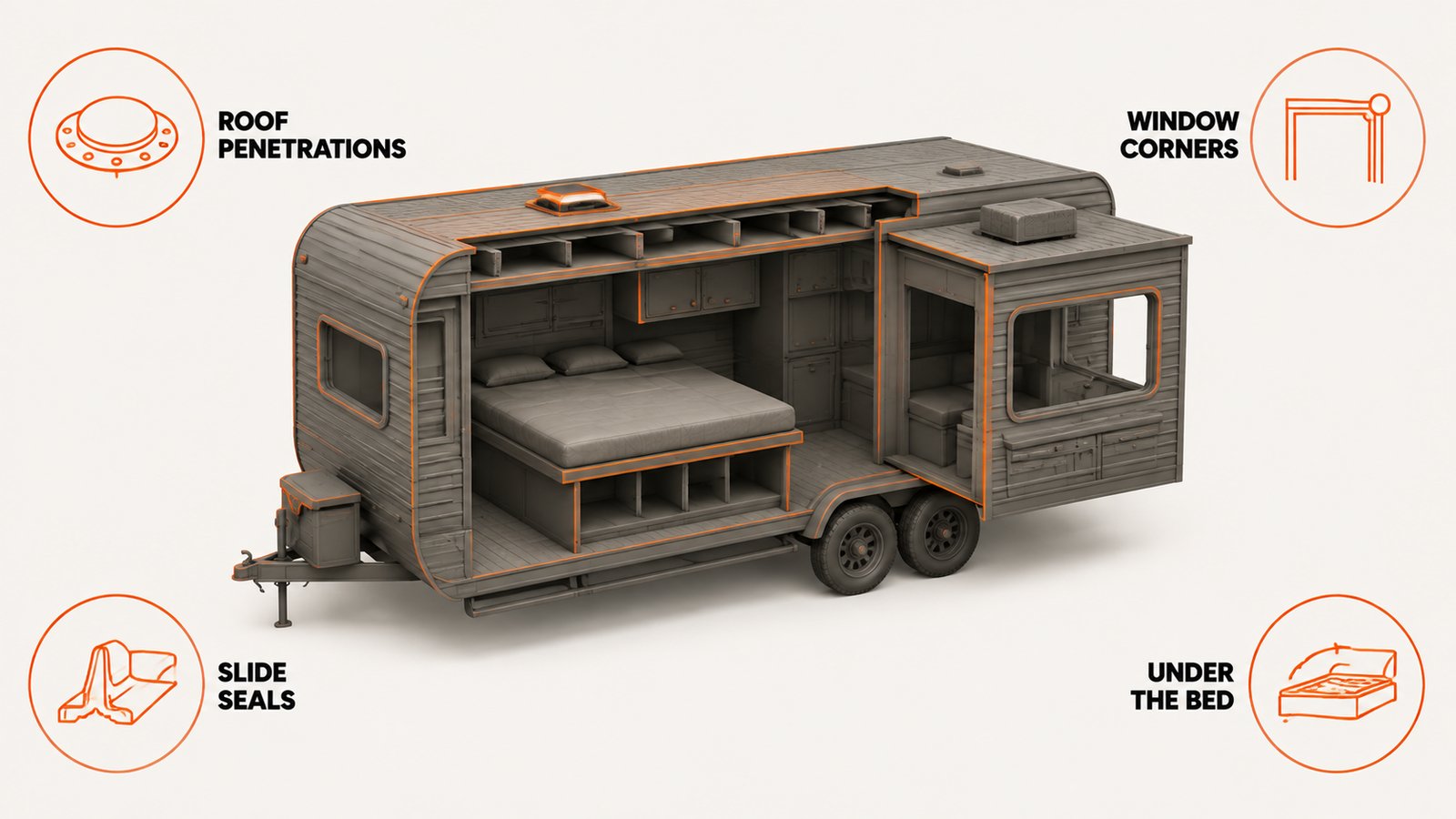 Camper cutaway with the roof vents, window frames, slide seals and under-bed platform marked
