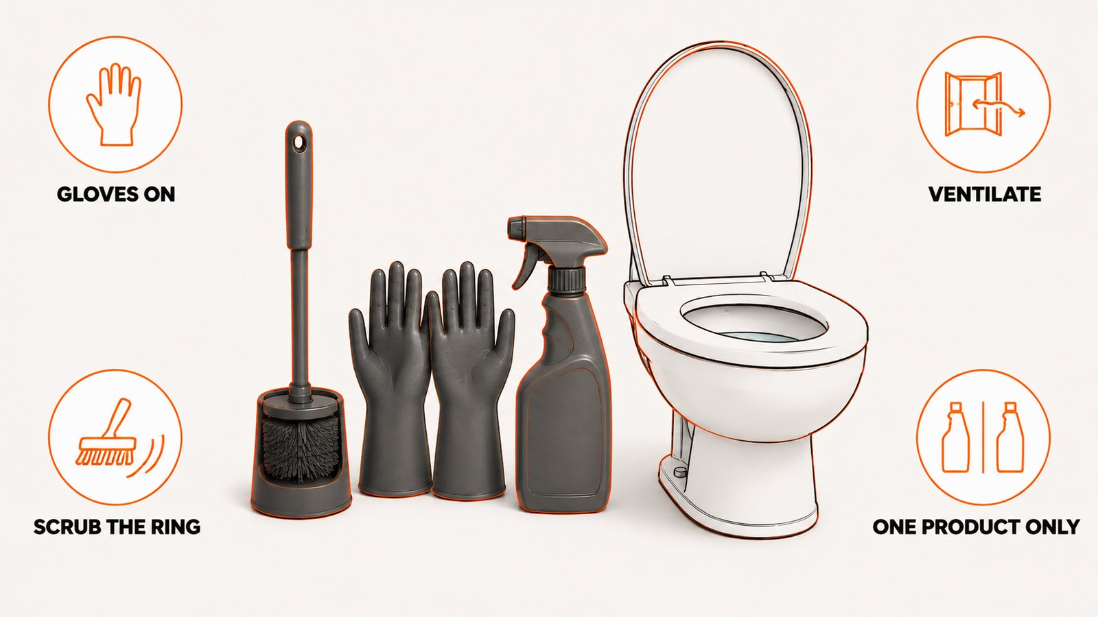 Toilet brush, gloves and a spray bottle arranged beside an open bowl