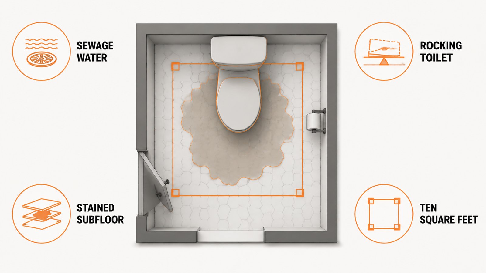 Bathroom floor plan with a toilet base leak and a marked area of affected flooring