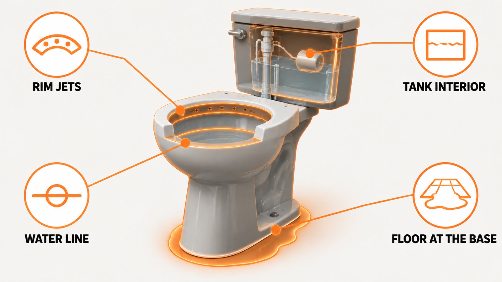 Toilet drawing with the rim, water line, tank interior and floor base marked as separate zones