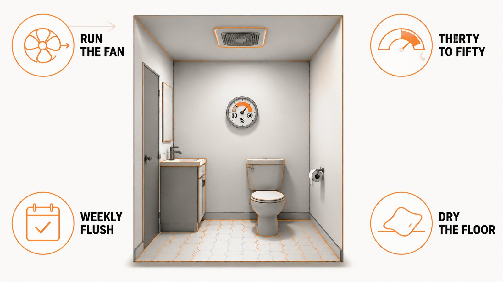 Bathroom outline with an exhaust fan, humidity gauge and a weekly flush schedule marked
