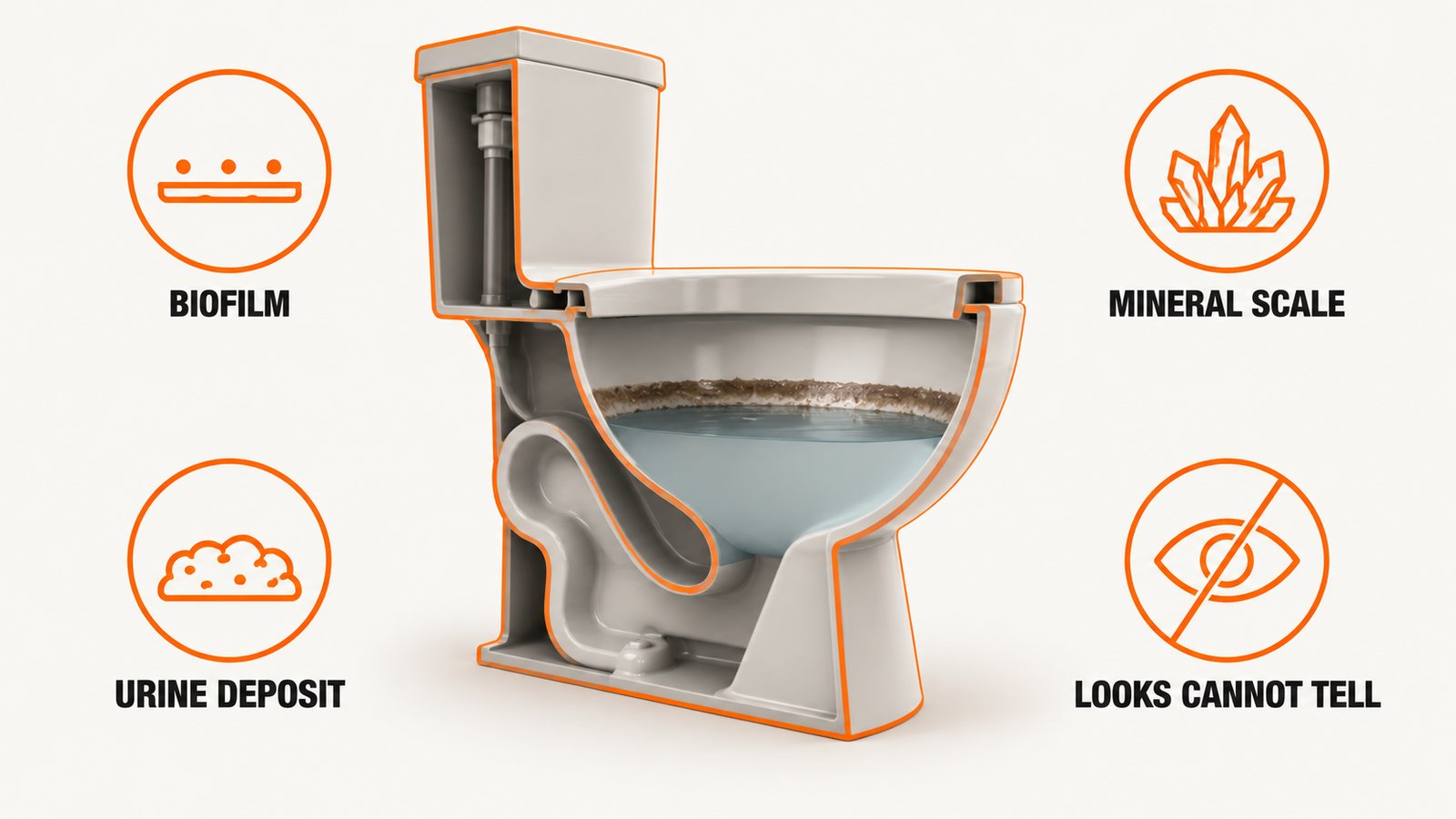 Toilet bowl cross section with the water line ring marked and three possible causes labeled