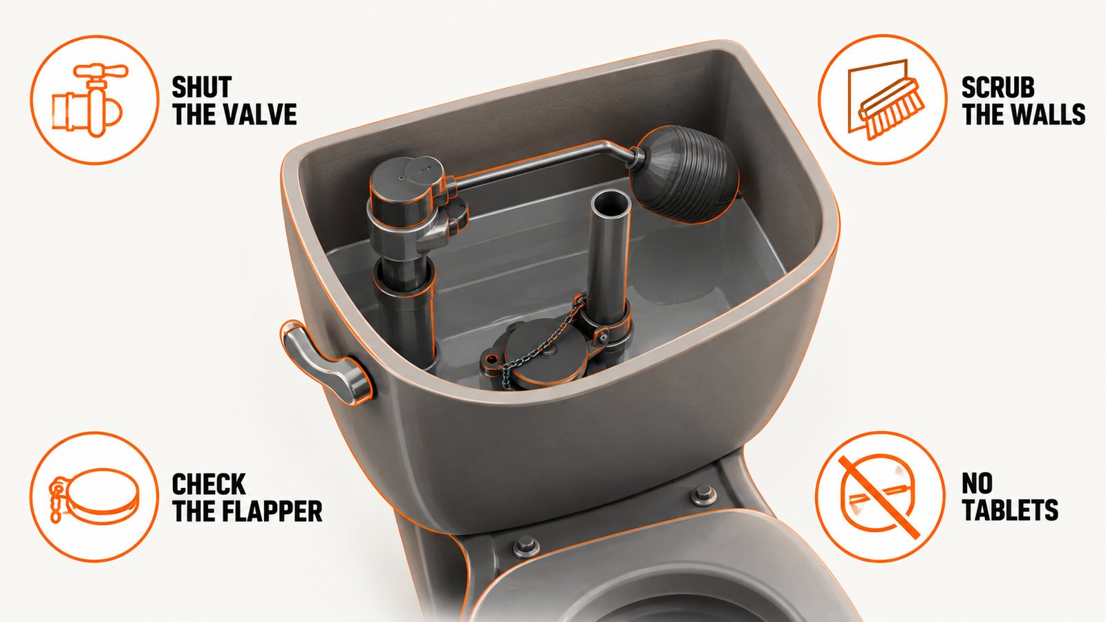 Open toilet tank showing the flapper, fill valve, float and interior walls