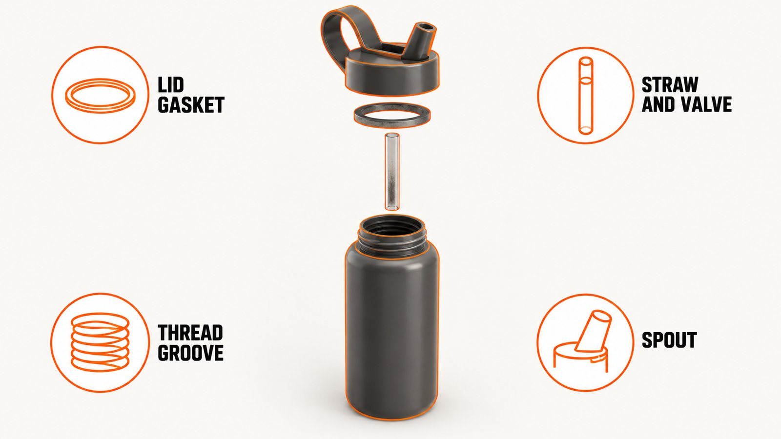 Exploded view of a drink bottle showing the four parts that are almost never cleaned