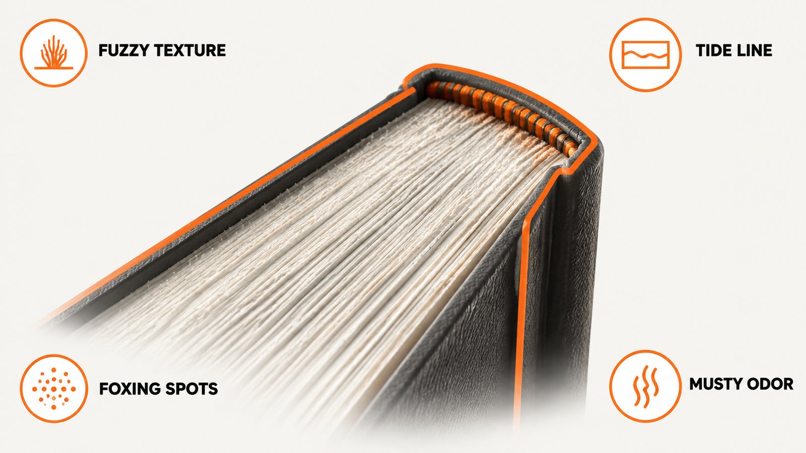 Close view of book page edges showing fuzzy growth, flat staining, and spotting
