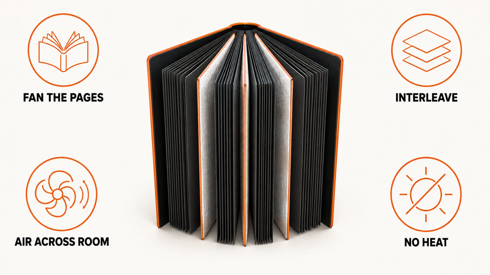 Books standing fanned on absorbent sheets with a fan moving air across them