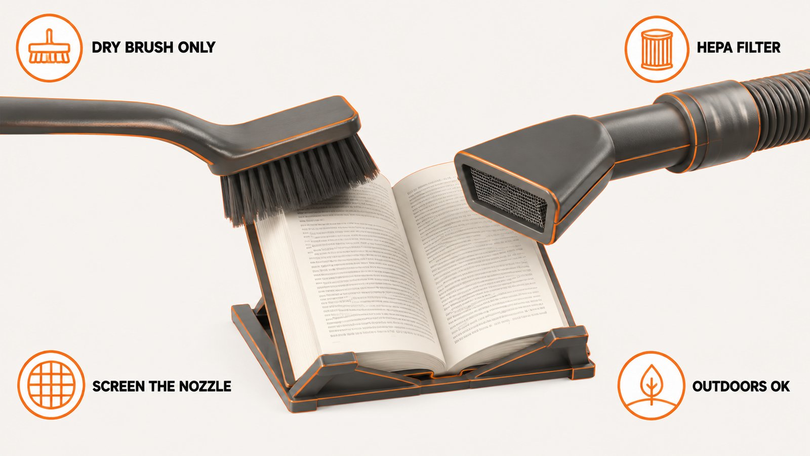 Soft brush and a HEPA-filtered vacuum nozzle set up to capture dormant mold from a book
