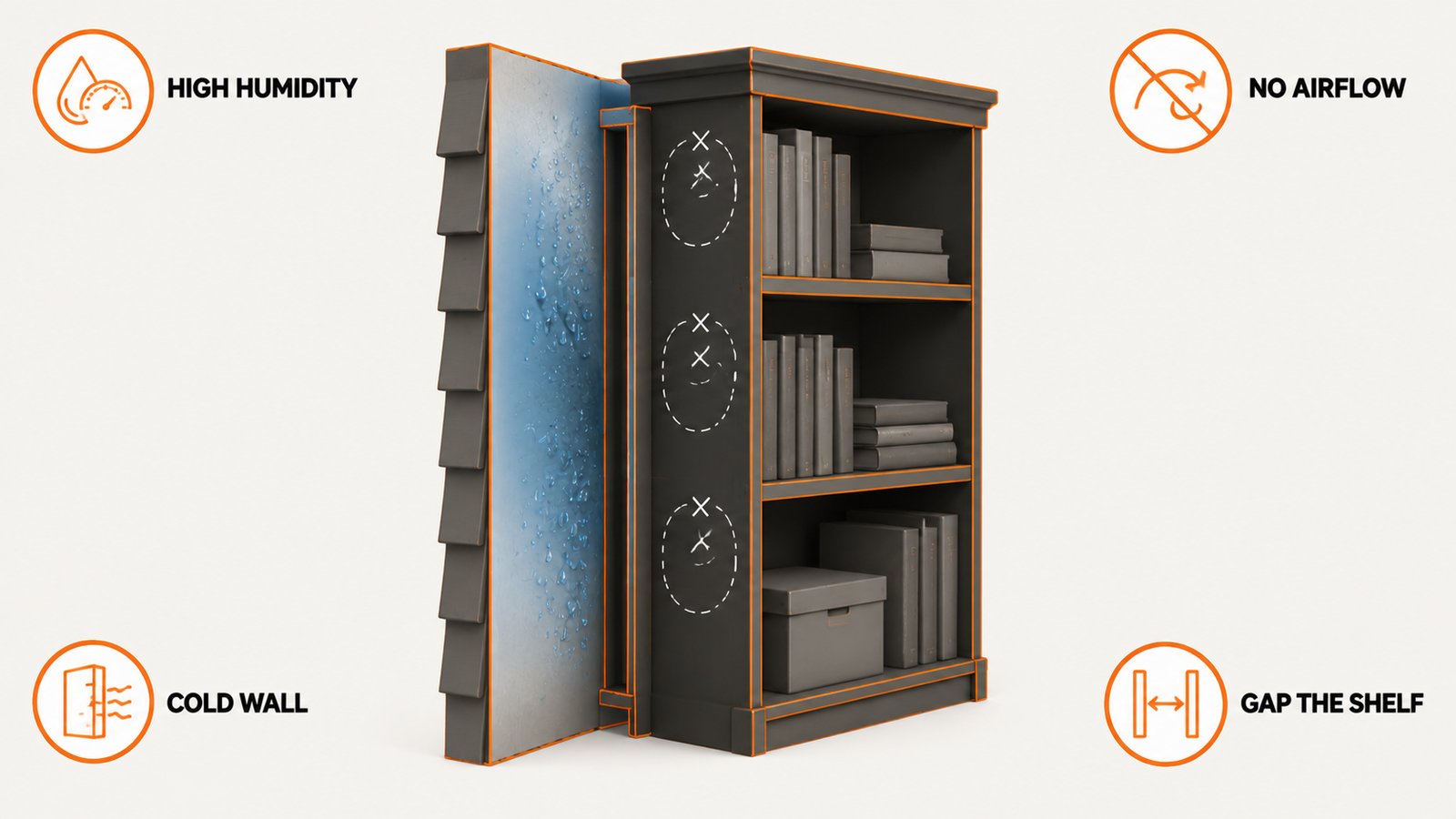 Storage conditions that let mold grow on books: high humidity, low airflow, cold exterior wall