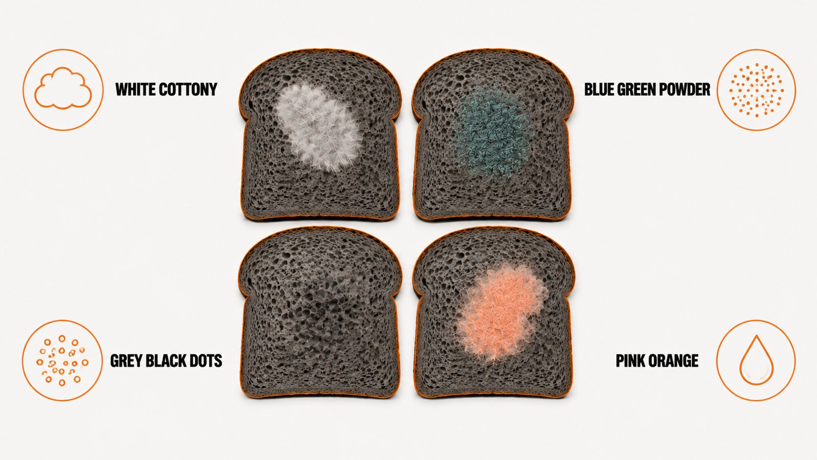 Four bread slices with different colored surface growth patterns arranged in a grid