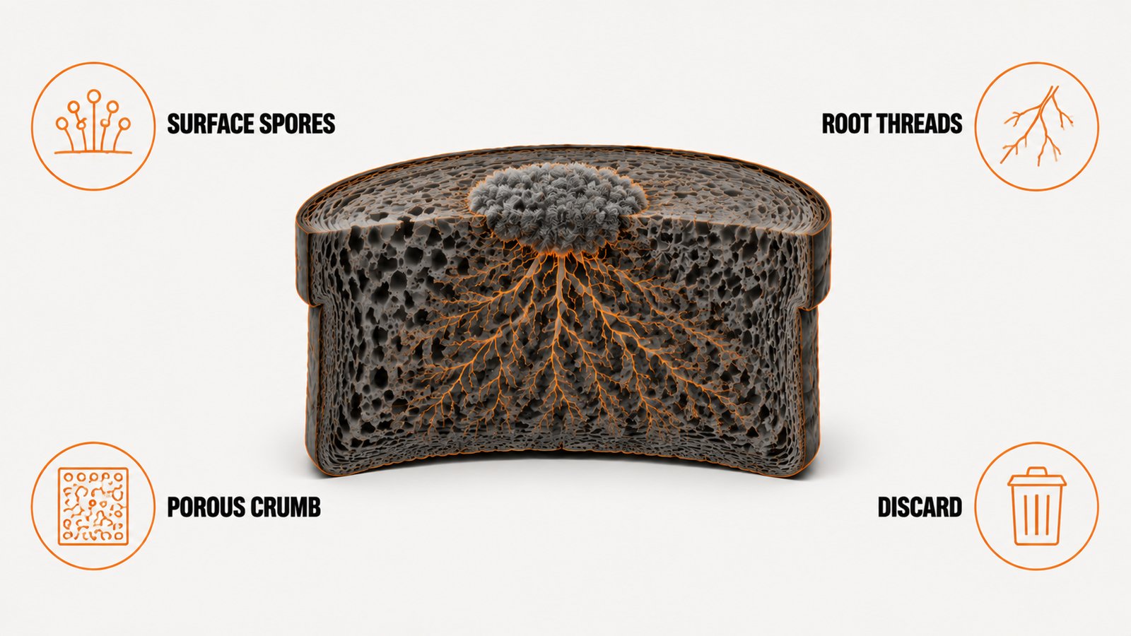 A cutaway bread slice showing a surface patch and a branching root network spreading through the crumb