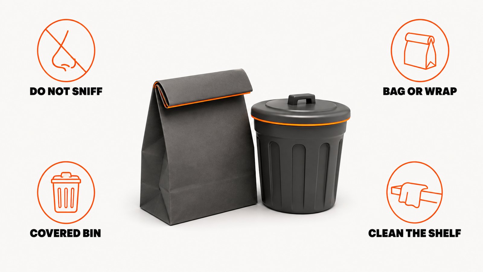 A folded paper bag beside a closed lidded trash can