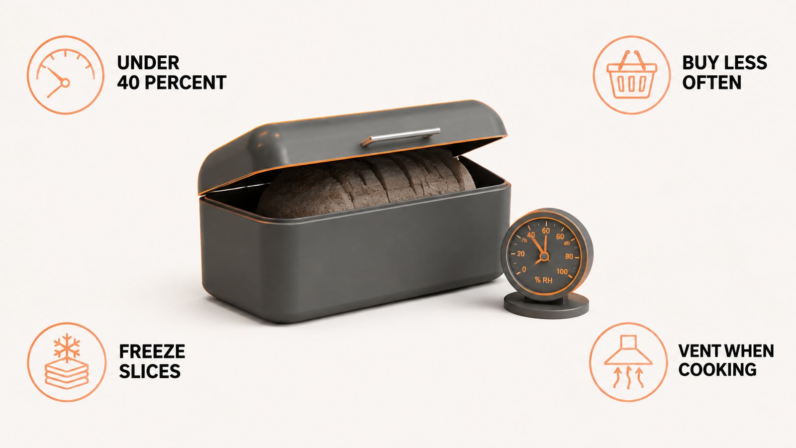 A bread box with a raised lid beside a small humidity gauge on a countertop