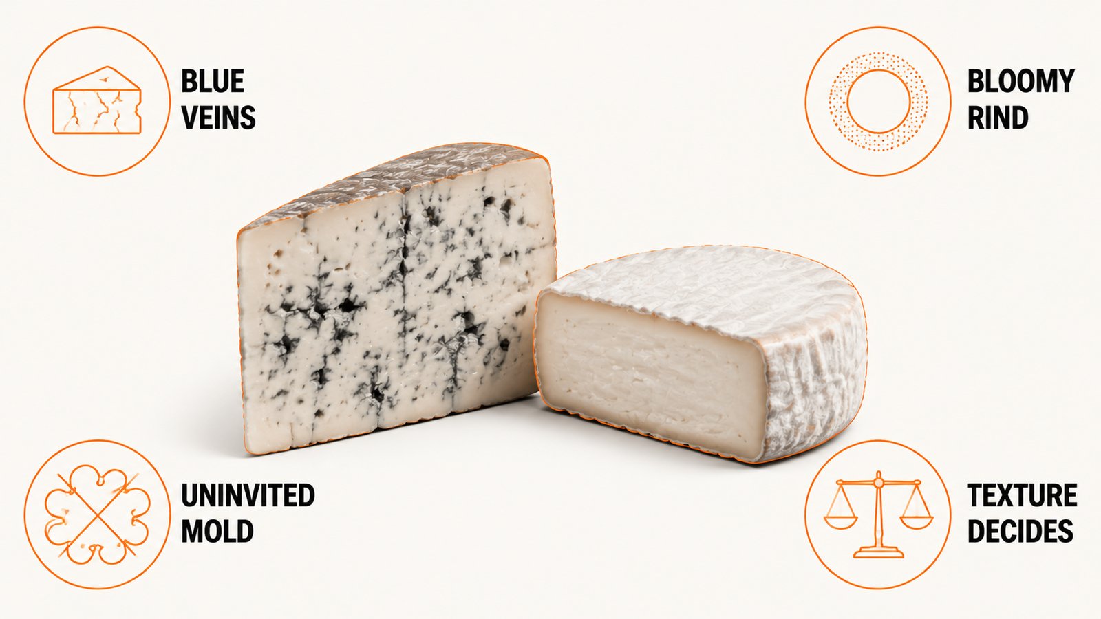Blue veined cheese wedge and a soft ripened wheel showing where manufacturing molds sit