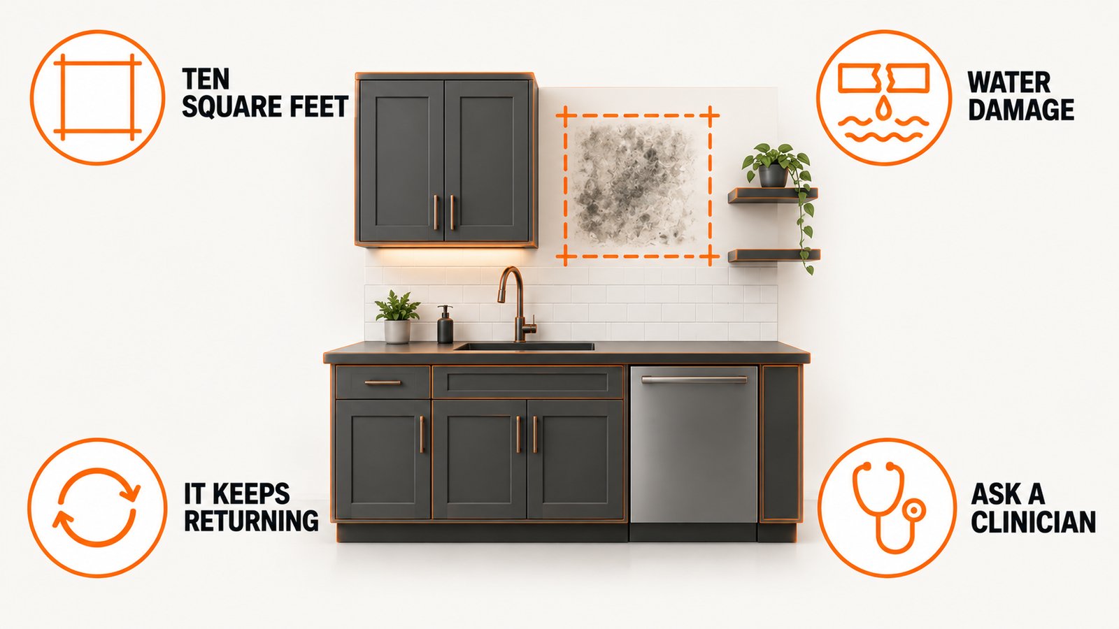 Kitchen outline marking a recurring growth area, a leak point and a professional referral path