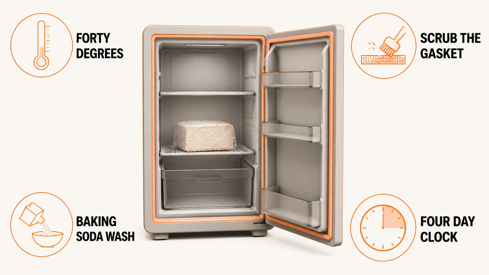 Refrigerator interior with the shelf, gasket, wrap and temperature points marked