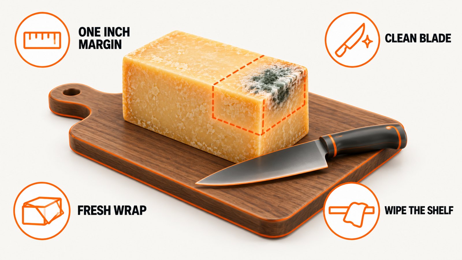 A one inch trim margin marked around and below a mold spot on a cheese block
