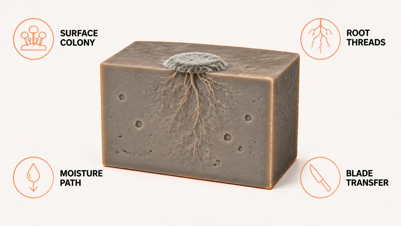 Cross section of a cheese block showing thin root threads reaching below a surface colony