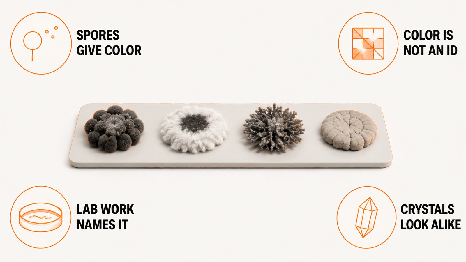 Four common food mold genera shown as flat icons with a line through a color based identification