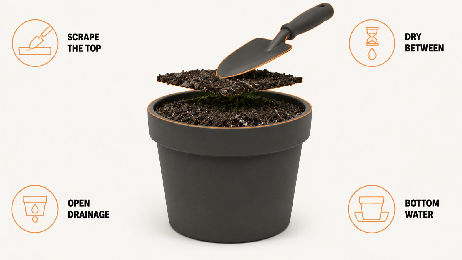 A hand trowel lifting a thin top layer of soil away from a pot
