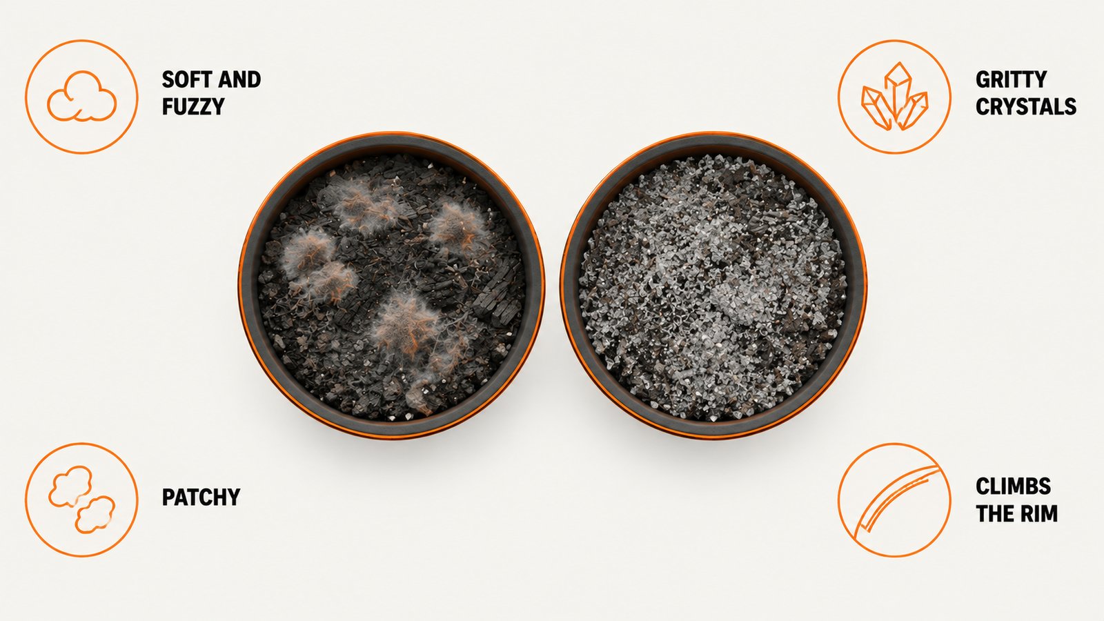 Two pots seen from above, one with a soft patchy surface and one with an even crystalline film up the rim