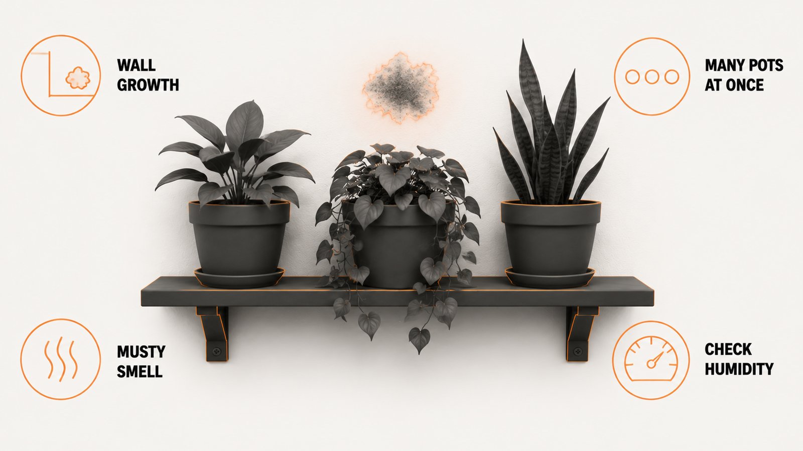 A shelf holding three pots against a wall with a small patch showing on the wall behind the middle pot