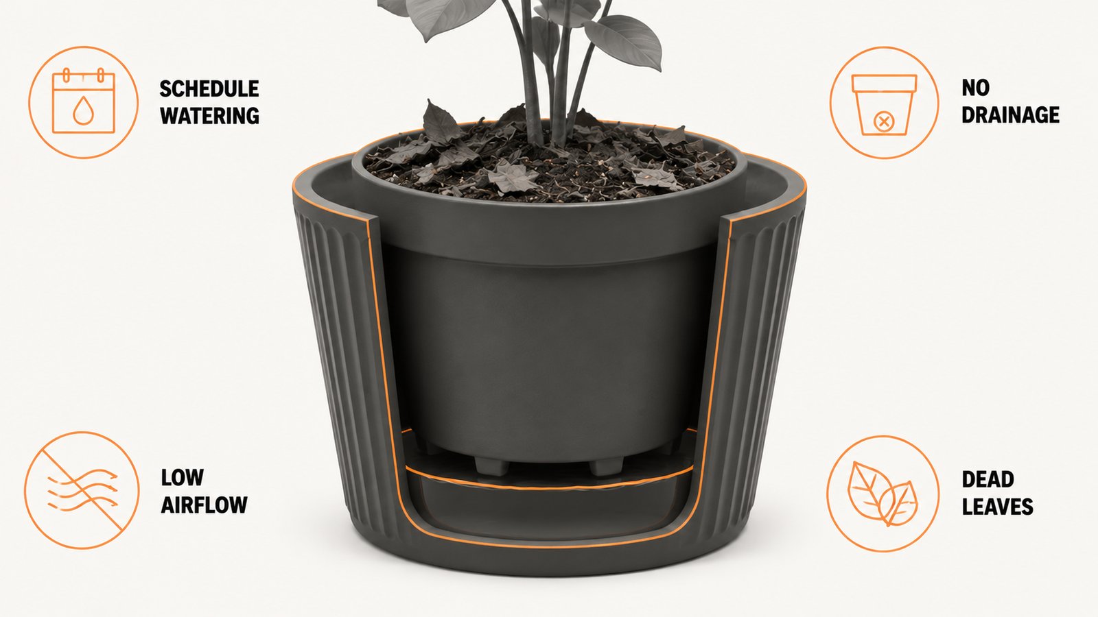 A pot sitting inside a decorative outer container with standing water trapped in the gap below
