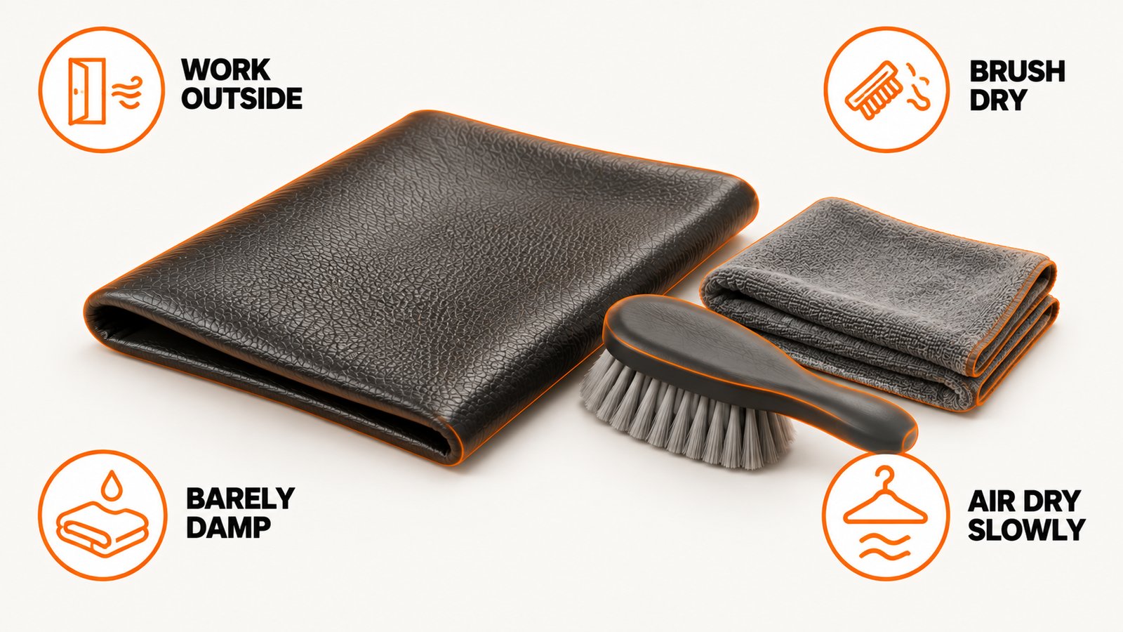 The order of operations for cleaning growth off a leather item without damaging it