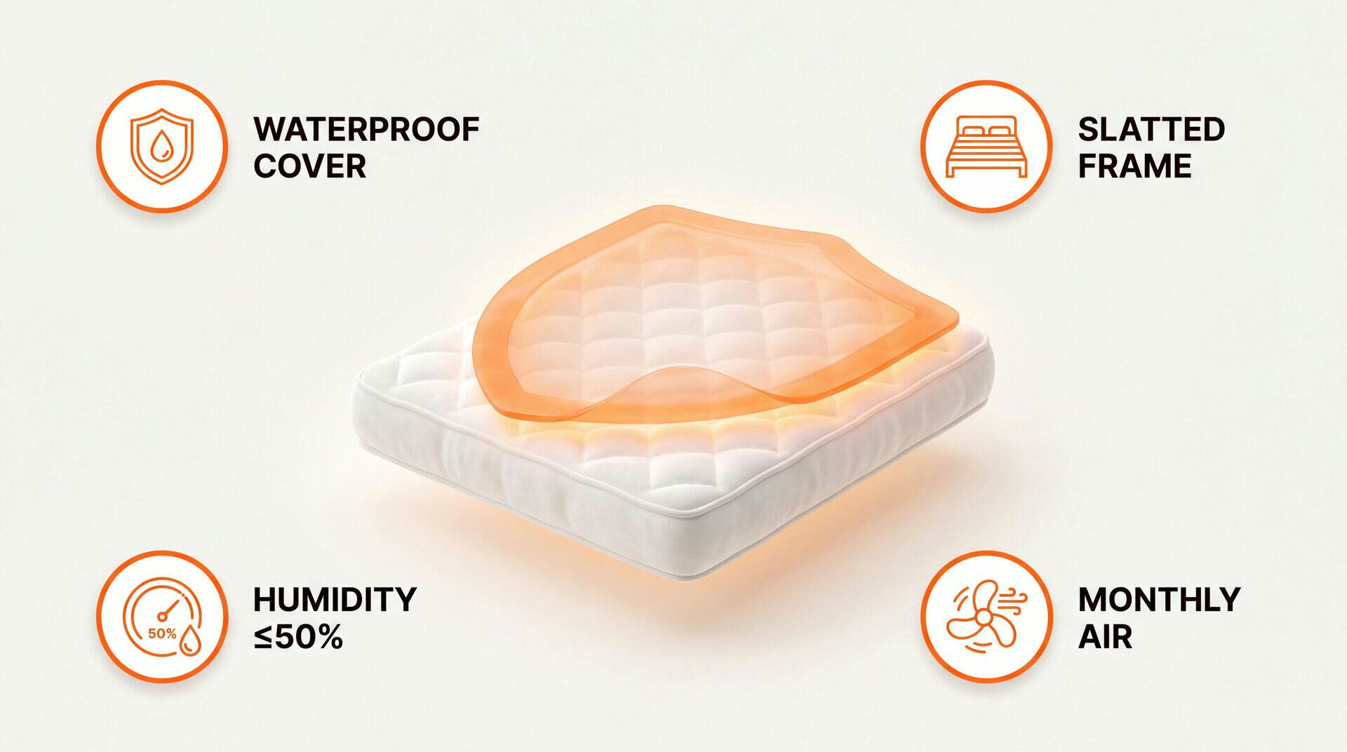 Mattress mold prevention: waterproof cover, slatted frame, humidity below 50, monthly air
