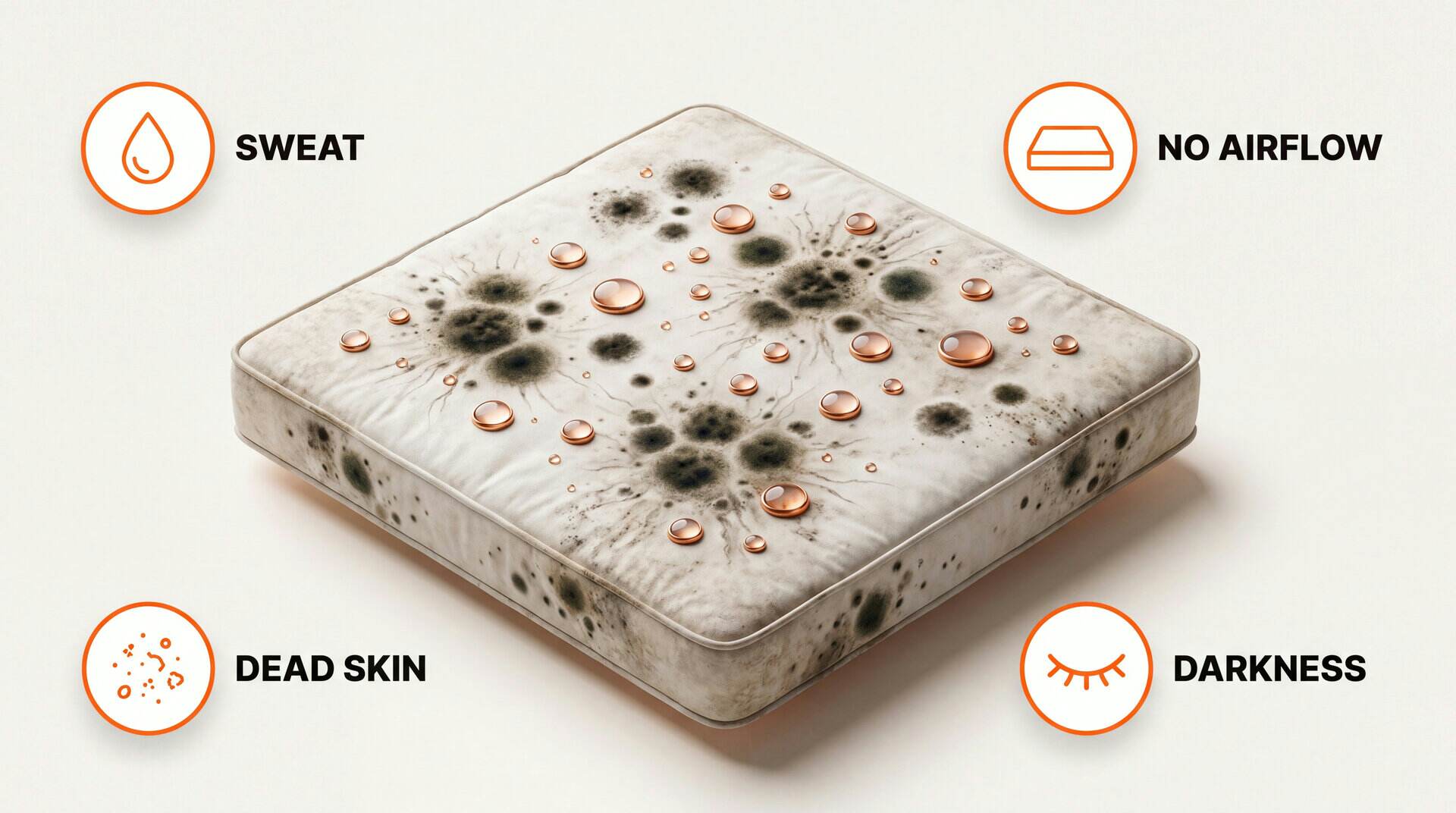 Four reasons mattresses grow mold: sweat, no airflow, dead skin, darkness