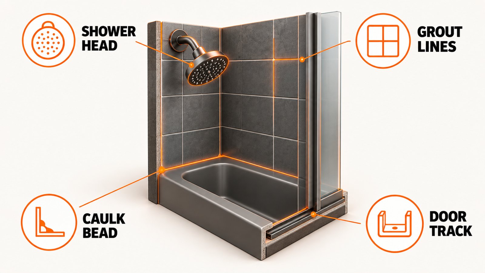 Bathroom surfaces that grow biofilm and mold: shower head, grout, caulk, track