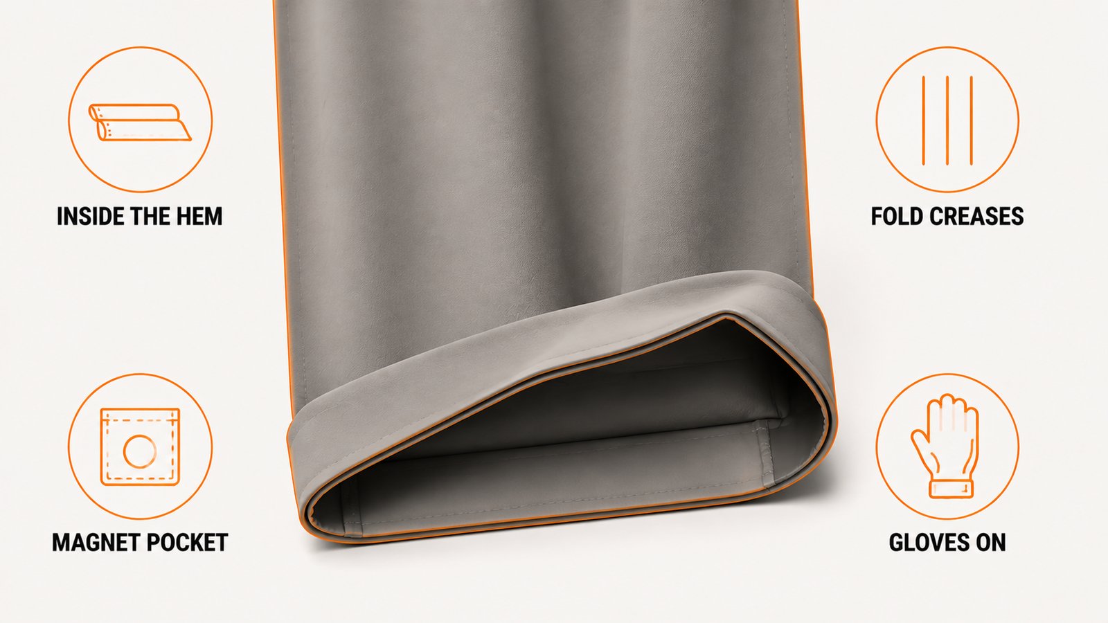 The bottom hem, fold creases and magnet pocket of a shower curtain where mold concentrates